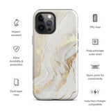 A protective iPhone case designed specifically for the iPhone 15 Pro Max features a white and gold marble pattern. The Golden Elegance for iPhone, branded "Statement Cases," displays a sophisticated mix of swirling white and gold patterns, adding an elegant and luxurious touch to your phone.