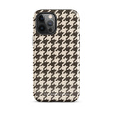 A Timeless Houndstooth for iPhone with a dual-camera system is encased in an impact-resistant polycarbonate, houndstooth-patterned case. The black and beige design features the brand name "Statement Cases" printed at the bottom, ensuring both style and dual-layer protection for your device.