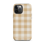 A Gingham Grace for iPhone by Statement Cases is covered with a protective case featuring a beige and white checkered pattern. The case's design includes a matte finish, dual-layer protection with an impact-resistant polycarbonate exterior and TPU lining, and the text "Statement Cases" printed near the bottom. The phone's cameras and buttons are visible.