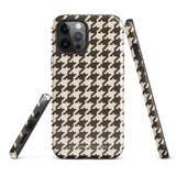 A Timeless Houndstooth for iPhone with a dual-camera system is encased in an impact-resistant polycarbonate, houndstooth-patterned case. The black and beige design features the brand name "Statement Cases" printed at the bottom, ensuring both style and dual-layer protection for your device.