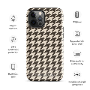 A Timeless Houndstooth for iPhone with a dual-camera system is encased in an impact-resistant polycarbonate, houndstooth-patterned case. The black and beige design features the brand name "Statement Cases" printed at the bottom, ensuring both style and dual-layer protection for your device.