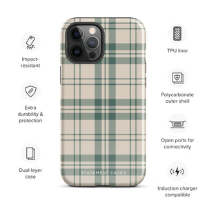 A smartphone with a beige and green plaid-patterned, impact-resistant polycarbonate case is shown. The phone’s rear camera lenses are prominently visible at the top left. The durable phone case features the words “Statement Cases” printed in small text at the bottom center. This is the Elegant Plaid for iPhone.