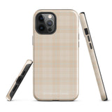 A smartphone with a plaid design case is displayed. The durable phone case features a beige and light brown checked pattern. The phone's camera lenses are visible at the top left corner. With dual-layer protection, the bottom of the impact-resistant polycarbonate Sophisticated Plaid for iPhone case reads "Statement Cases" in white.