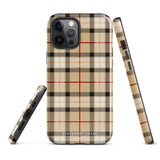 A Neutral Heritage Tartan for iPhone by Statement Cases with a plaid-patterned, impact-resistant polycarbonate case featuring beige, black, white, and red stripes. The durable phone case has the text "STATEMENT CASES" written at the bottom. The phone boasts a triple camera setup with an additional sensor and flash.