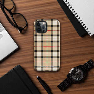 A Neutral Heritage Tartan for iPhone by Statement Cases with a plaid-patterned, impact-resistant polycarbonate case featuring beige, black, white, and red stripes. The durable phone case has the text "STATEMENT CASES" written at the bottom. The phone boasts a triple camera setup with an additional sensor and flash.