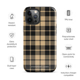 A Rich Espresso Tartan for iPhone with a beige and black plaid-patterned case sits against a white background. The camera lenses are prominent at the top left. The bottom of the durable phone case, made from impact-resistant polycarbonate, has the text "Statement Cases" printed in white.