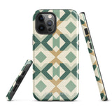 A Smartphone with a durable Old World Mosaic for iPhone case by Statement Cases showcasing a geometric pattern in shades of green, beige, and white. The symmetrical, angular designs create an almost star-like appearance. The impact-resistant polycarbonate construction ensures protection while the camera lenses remain visible at the top left corner.