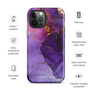 A Statement Cases Golden Orchid Marble for iPhone with a case featuring an abstract design of swirling purple, pink, and gold hues over a white background. The marbled patterns with metallic accents provide dual-layer protection and are impact-resistant. The top of the case has cutouts for the phone's camera lenses and is induction charging compatible.