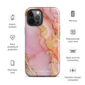 The Gold Blush Marble for iPhone showcases a glossy, marble-patterned case in shades of pink and gold. The decorative design features swirling patterns, seamlessly blending the colors. Crafted with impact-resistant polycarbonate for superior phone protection, "Statement Cases" is written in white at the bottom.