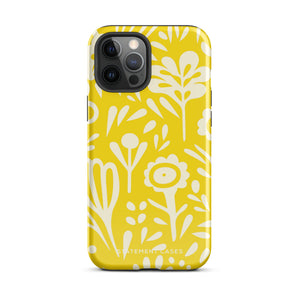 The Sol Dorado for iPhone by Statement Cases is a smartphone with a yellow case featuring a white, abstract floral and plant pattern. The camera lenses are prominent in the top left corner of the device. With dual-layer protection and impact-resistant TPU lining, "Statement Cases" is printed at the bottom of the case.