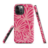 Introducing the Zafiro Rosa for iPhone by Statement Cases: a smartphone case featuring abstract floral and leaf patterns in various shades of pink. This dual-layer protection case combines an impact-resistant polycarbonate exterior with a TPU inner liner to ensure durability. The design showcases the brand name "Statement Cases" at the bottom, with precise cutouts revealing the phone’s camera lenses at the top left corner.