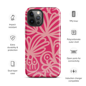 Introducing the Zafiro Rosa for iPhone by Statement Cases: a smartphone case featuring abstract floral and leaf patterns in various shades of pink. This dual-layer protection case combines an impact-resistant polycarbonate exterior with a TPU inner liner to ensure durability. The design showcases the brand name "Statement Cases" at the bottom, with precise cutouts revealing the phone’s camera lenses at the top left corner.