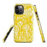 The Sol Dorado for iPhone by Statement Cases is a smartphone with a yellow case featuring a white, abstract floral and plant pattern. The camera lenses are prominent in the top left corner of the device. With dual-layer protection and impact-resistant TPU lining, "Statement Cases" is printed at the bottom of the case.