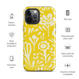 The Sol Dorado for iPhone by Statement Cases is a smartphone with a yellow case featuring a white, abstract floral and plant pattern. The camera lenses are prominent in the top left corner of the device. With dual-layer protection and impact-resistant TPU lining, "Statement Cases" is printed at the bottom of the case.