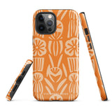 A Savannah Ardiente for iPhone from Statement Cases, featuring a dual-layered phone case in orange with a floral pattern showcasing cream-colored flowers, leaves, and geometric shapes. This impact-resistant polycarbonate case displays "STATEMENT CASES" at the bottom and reveals the camera lenses at the top left corner.