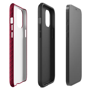 A protective iPhone case with a maroon background and a repeating pattern of small eyeglasses. Designed for the iPhone 15 Pro Max, the camera and buttons of the phone are visible. The bottom of the case features the text "Rockstar Red for iPhone" in white from Statement Cases.