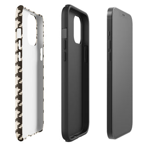 A Timeless Houndstooth for iPhone with a dual-camera system is encased in an impact-resistant polycarbonate, houndstooth-patterned case. The black and beige design features the brand name "Statement Cases" printed at the bottom, ensuring both style and dual-layer protection for your device.