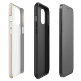 A beige smartphone case with a subtle vertical stripe pattern is shown. Crafted from impact-resistant polycarbonate, it fits a phone with a triple camera setup and flash. The durable dual-layer case includes a TPU inner liner for extra protection. "Statement Cases" is printed on the lower back of the *Noble Pinstripe for iPhone*.