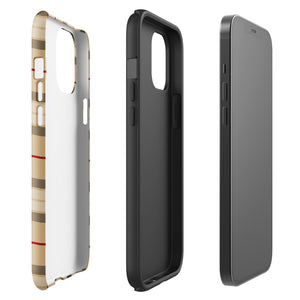 A Neutral Heritage Tartan for iPhone by Statement Cases with a plaid-patterned, impact-resistant polycarbonate case featuring beige, black, white, and red stripes. The durable phone case has the text "STATEMENT CASES" written at the bottom. The phone boasts a triple camera setup with an additional sensor and flash.