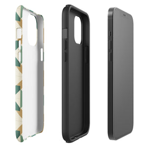 A Smartphone with a durable Old World Mosaic for iPhone case by Statement Cases showcasing a geometric pattern in shades of green, beige, and white. The symmetrical, angular designs create an almost star-like appearance. The impact-resistant polycarbonate construction ensures protection while the camera lenses remain visible at the top left corner.