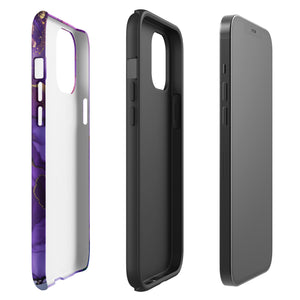 A Statement Cases Golden Orchid Marble for iPhone with a case featuring an abstract design of swirling purple, pink, and gold hues over a white background. The marbled patterns with metallic accents provide dual-layer protection and are impact-resistant. The top of the case has cutouts for the phone's camera lenses and is induction charging compatible.