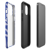 An iPhone encased in the "Mariposa Azul" by Statement Cases, featuring a blue design with an abstract white leaf pattern. The case combines curved and pointed shapes and provides dual-layer protection with TPU lining and impact-resistant polycarbonate. Camera lenses and other top elements remain unobstructed, and "Statement Cases" is inscribed at the bottom.