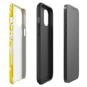 The Sol Dorado for iPhone by Statement Cases is a smartphone with a yellow case featuring a white, abstract floral and plant pattern. The camera lenses are prominent in the top left corner of the device. With dual-layer protection and impact-resistant TPU lining, "Statement Cases" is printed at the bottom of the case.