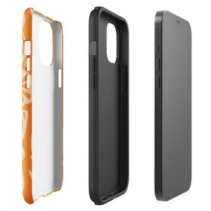 A Savannah Ardiente for iPhone from Statement Cases, featuring a dual-layered phone case in orange with a floral pattern showcasing cream-colored flowers, leaves, and geometric shapes. This impact-resistant polycarbonate case displays "STATEMENT CASES" at the bottom and reveals the camera lenses at the top left corner.