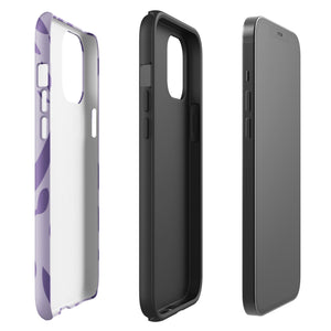 The Luna Morada for iPhone by Statement Cases is a durable phone case with a purple protective exterior featuring abstract dark purple and lavender patterns. The design includes geometric shapes and curves, giving it a modern artistic look. Made from impact-resistant polycarbonate, the lower part of the case prominently displays "STATEMENT CASES.