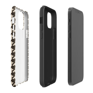 A Timeless Houndstooth for iPhone with a dual-camera system is encased in an impact-resistant polycarbonate, houndstooth-patterned case. The black and beige design features the brand name "Statement Cases" printed at the bottom, ensuring both style and dual-layer protection for your device.