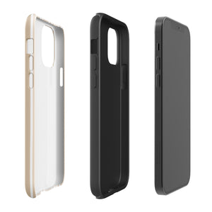 A beige and white striped, impact-resistant phone case for a smartphone. The Estate Stripe for iPhone features vertical stripes and dual-layer protection, designed to fit a phone with multiple camera lenses. The brand name "Statement Cases" is subtly printed at the bottom.