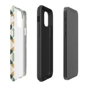 A Smartphone with a durable Old World Mosaic for iPhone case by Statement Cases showcasing a geometric pattern in shades of green, beige, and white. The symmetrical, angular designs create an almost star-like appearance. The impact-resistant polycarbonate construction ensures protection while the camera lenses remain visible at the top left corner.