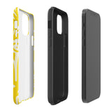 The Sol Dorado for iPhone by Statement Cases is a smartphone with a yellow case featuring a white, abstract floral and plant pattern. The camera lenses are prominent in the top left corner of the device. With dual-layer protection and impact-resistant TPU lining, "Statement Cases" is printed at the bottom of the case.