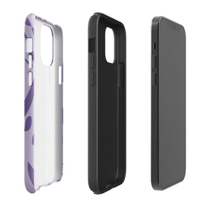 The Luna Morada for iPhone by Statement Cases is a durable phone case with a purple protective exterior featuring abstract dark purple and lavender patterns. The design includes geometric shapes and curves, giving it a modern artistic look. Made from impact-resistant polycarbonate, the lower part of the case prominently displays "STATEMENT CASES.