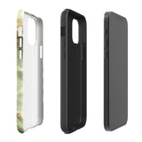 A Sleek Sage for iPhone with a marble-patterned case in shades of green, white, and gold. The protective case is branded with "Statement Cases" written at the bottom. Compatible with the iPhone 15 Pro Max, the phone's camera lens is prominent in the upper left corner.