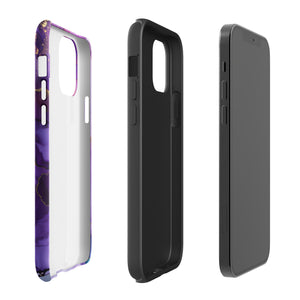 A Statement Cases Golden Orchid Marble for iPhone with a case featuring an abstract design of swirling purple, pink, and gold hues over a white background. The marbled patterns with metallic accents provide dual-layer protection and are impact-resistant. The top of the case has cutouts for the phone's camera lenses and is induction charging compatible.