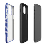 An iPhone encased in the "Mariposa Azul" by Statement Cases, featuring a blue design with an abstract white leaf pattern. The case combines curved and pointed shapes and provides dual-layer protection with TPU lining and impact-resistant polycarbonate. Camera lenses and other top elements remain unobstructed, and "Statement Cases" is inscribed at the bottom.