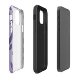 The Luna Morada for iPhone by Statement Cases is a durable phone case with a purple protective exterior featuring abstract dark purple and lavender patterns. The design includes geometric shapes and curves, giving it a modern artistic look. Made from impact-resistant polycarbonate, the lower part of the case prominently displays "STATEMENT CASES.