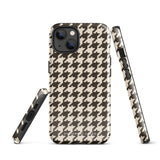 A Timeless Houndstooth for iPhone with a dual-camera system is encased in an impact-resistant polycarbonate, houndstooth-patterned case. The black and beige design features the brand name "Statement Cases" printed at the bottom, ensuring both style and dual-layer protection for your device.