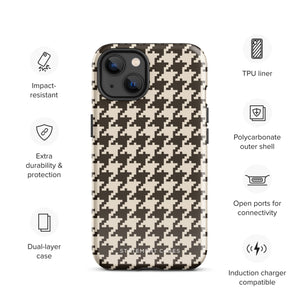 A Timeless Houndstooth for iPhone with a dual-camera system is encased in an impact-resistant polycarbonate, houndstooth-patterned case. The black and beige design features the brand name "Statement Cases" printed at the bottom, ensuring both style and dual-layer protection for your device.