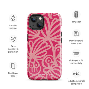 Introducing the Zafiro Rosa for iPhone by Statement Cases: a smartphone case featuring abstract floral and leaf patterns in various shades of pink. This dual-layer protection case combines an impact-resistant polycarbonate exterior with a TPU inner liner to ensure durability. The design showcases the brand name "Statement Cases" at the bottom, with precise cutouts revealing the phone’s camera lenses at the top left corner.