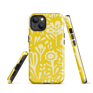 The Sol Dorado for iPhone by Statement Cases is a smartphone with a yellow case featuring a white, abstract floral and plant pattern. The camera lenses are prominent in the top left corner of the device. With dual-layer protection and impact-resistant TPU lining, "Statement Cases" is printed at the bottom of the case.