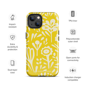 The Sol Dorado for iPhone by Statement Cases is a smartphone with a yellow case featuring a white, abstract floral and plant pattern. The camera lenses are prominent in the top left corner of the device. With dual-layer protection and impact-resistant TPU lining, "Statement Cases" is printed at the bottom of the case.