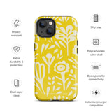 The Sol Dorado for iPhone by Statement Cases is a smartphone with a yellow case featuring a white, abstract floral and plant pattern. The camera lenses are prominent in the top left corner of the device. With dual-layer protection and impact-resistant TPU lining, "Statement Cases" is printed at the bottom of the case.