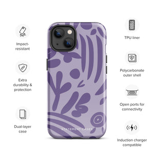 The Luna Morada for iPhone by Statement Cases is a durable phone case with a purple protective exterior featuring abstract dark purple and lavender patterns. The design includes geometric shapes and curves, giving it a modern artistic look. Made from impact-resistant polycarbonate, the lower part of the case prominently displays "STATEMENT CASES.