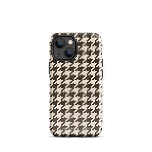 A Timeless Houndstooth for iPhone with a dual-camera system is encased in an impact-resistant polycarbonate, houndstooth-patterned case. The black and beige design features the brand name "Statement Cases" printed at the bottom, ensuring both style and dual-layer protection for your device.