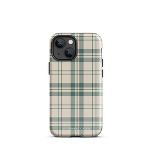 A smartphone with a beige and green plaid-patterned, impact-resistant polycarbonate case is shown. The phone’s rear camera lenses are prominently visible at the top left. The durable phone case features the words “Statement Cases” printed in small text at the bottom center. This is the Elegant Plaid for iPhone.