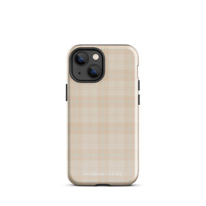 A smartphone with a plaid design case is displayed. The durable phone case features a beige and light brown checked pattern. The phone's camera lenses are visible at the top left corner. With dual-layer protection, the bottom of the impact-resistant polycarbonate Sophisticated Plaid for iPhone case reads "Statement Cases" in white.