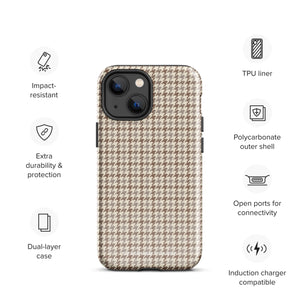 A smartphone with a brown and beige houndstooth-patterned case is shown from the back. The impact-resistant, dual-layered Classic Houndstooth for iPhone by Statement Cases protects the phone's body and leaves openings for the camera lenses and flash. The hues give the case a stylish and sophisticated appearance.