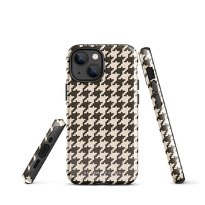 A Timeless Houndstooth for iPhone with a dual-camera system is encased in an impact-resistant polycarbonate, houndstooth-patterned case. The black and beige design features the brand name "Statement Cases" printed at the bottom, ensuring both style and dual-layer protection for your device.